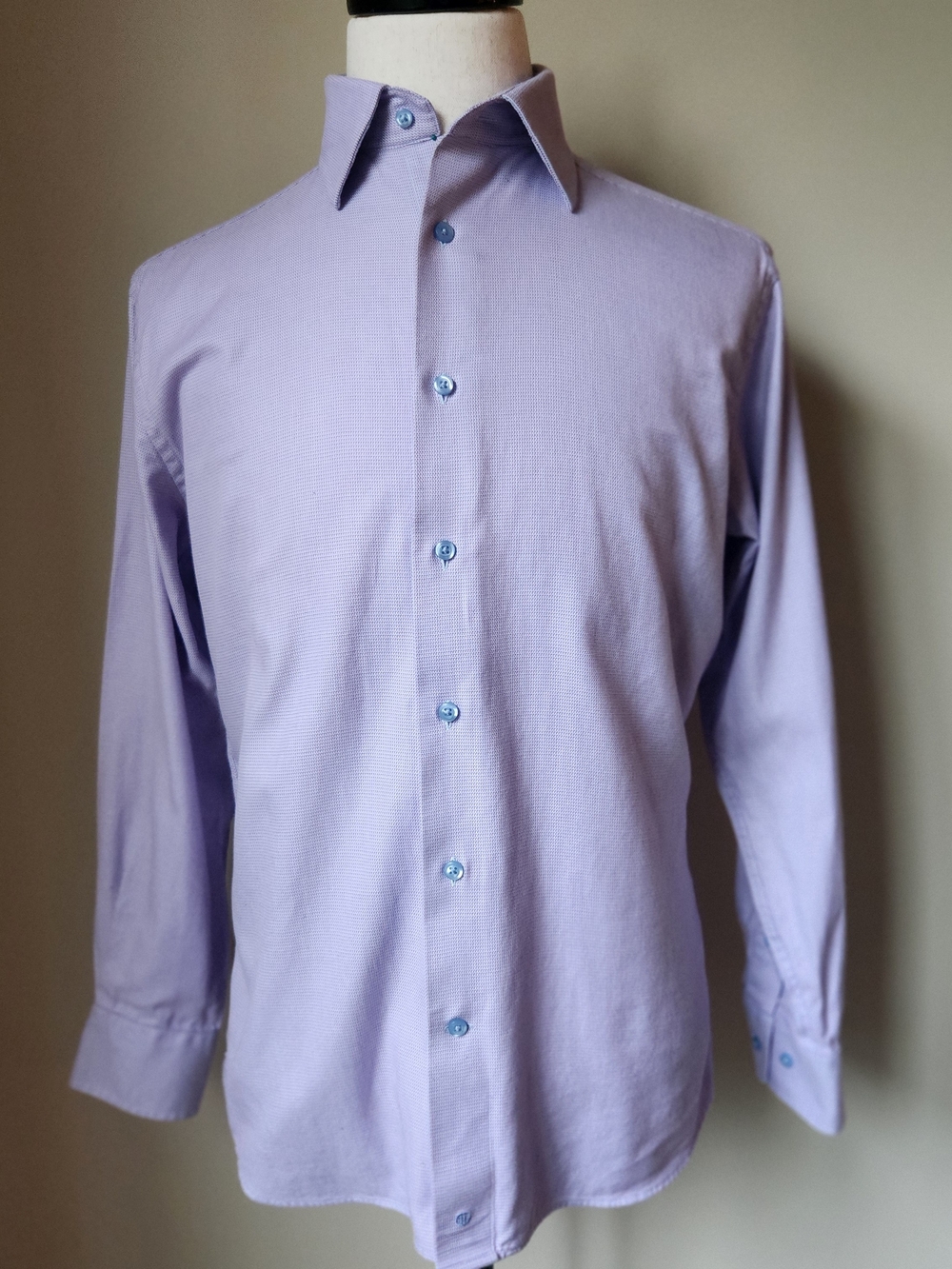 David Donahue Trim Fit Dress Shirt Mens 15.5Neck 32/33 Lavender Geometric Dobby